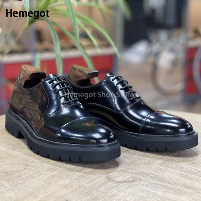 Zapatos informales de cuero para hombre, calzado de vestir con cordones, suela gruesa de alta calidad, color negro, para boda y novio