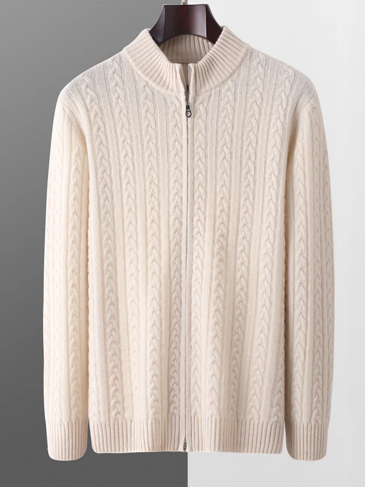 

Autumn Winter Men's Zipper Sweater Twist Flower Wool Cardiagn 100% Merino Wool Knitwear Thick Long Sleeves Smart Casual Warm Top