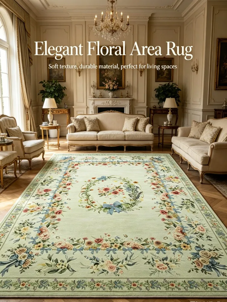 French Country Floral Area Rug, Vintage Green Boho Carpet, Non-Slip Washable for Villa Living Room Decor