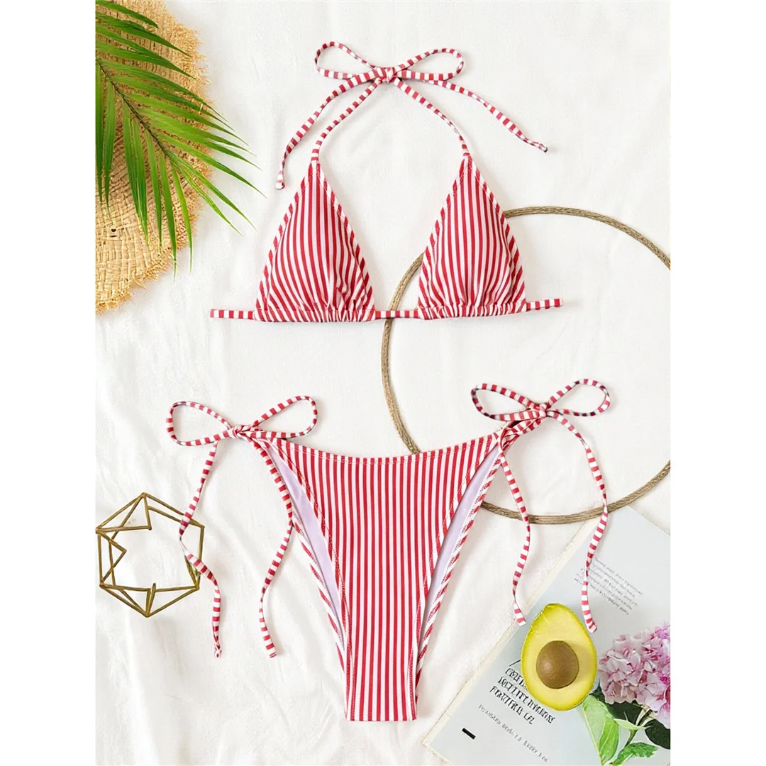 S - XL Gestreifter Neckholder-Bikini, Damen-Badeanzug, zweiteiliges Bikini-Set, hoch geschnittene Beine, Badebekleidung, Badeanzug, Schwimmbekleidung V8527 – Detail 27