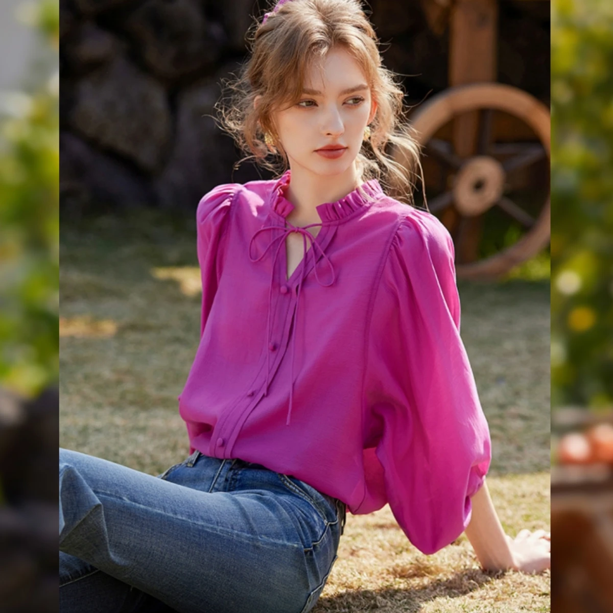 LOUIS YAO Nieuwe Houten Oorrand Ronde Hals Stropdas Damesoverhemd 2025, Lente Geen elastische Retro Effen Kleur Bubble Mouw Los overhemd