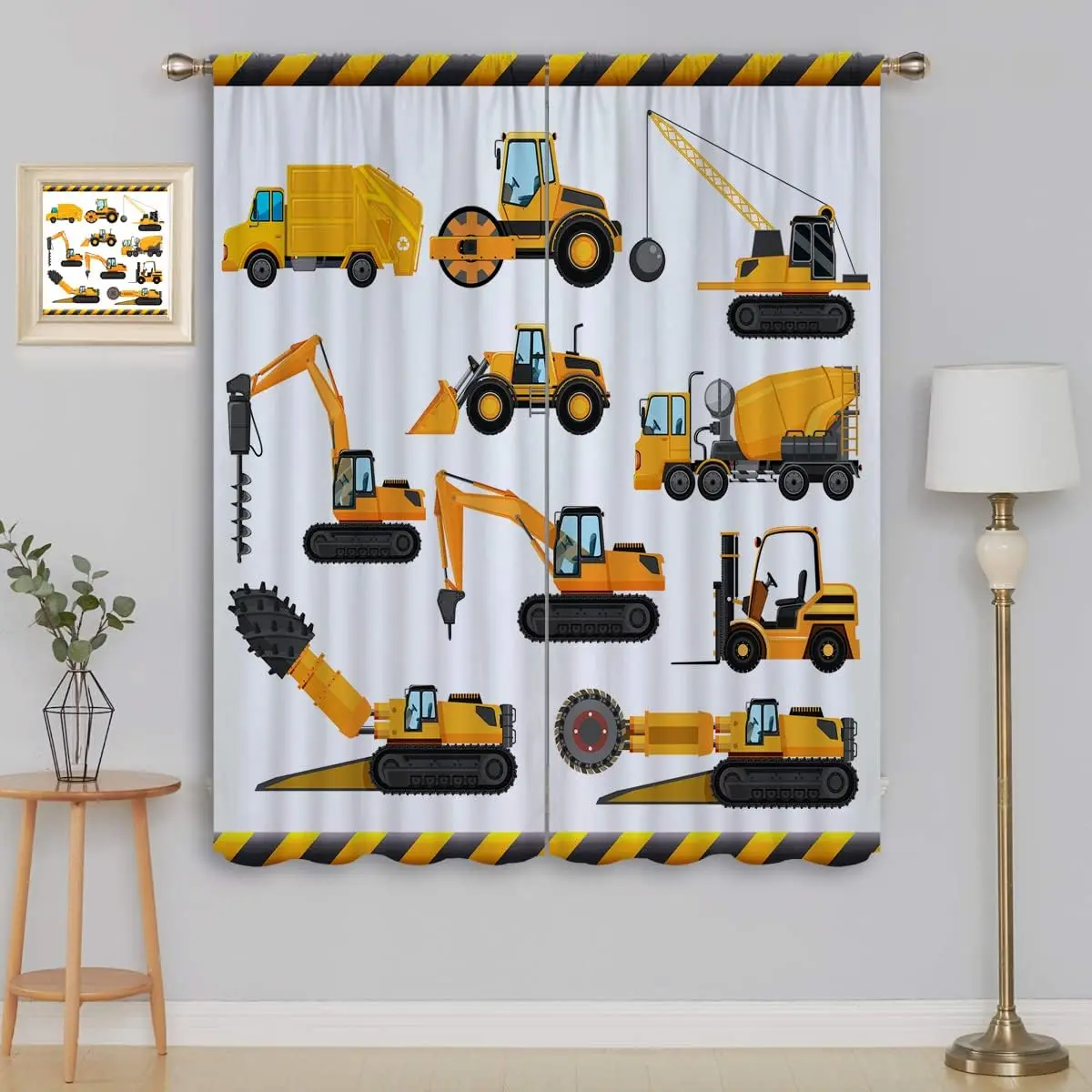 Construction Car Blackout Curtains for Boy Girl Room Darkening Decor,Yellow Cartoon Bulldozer Tractor Excavator Bedroom Living