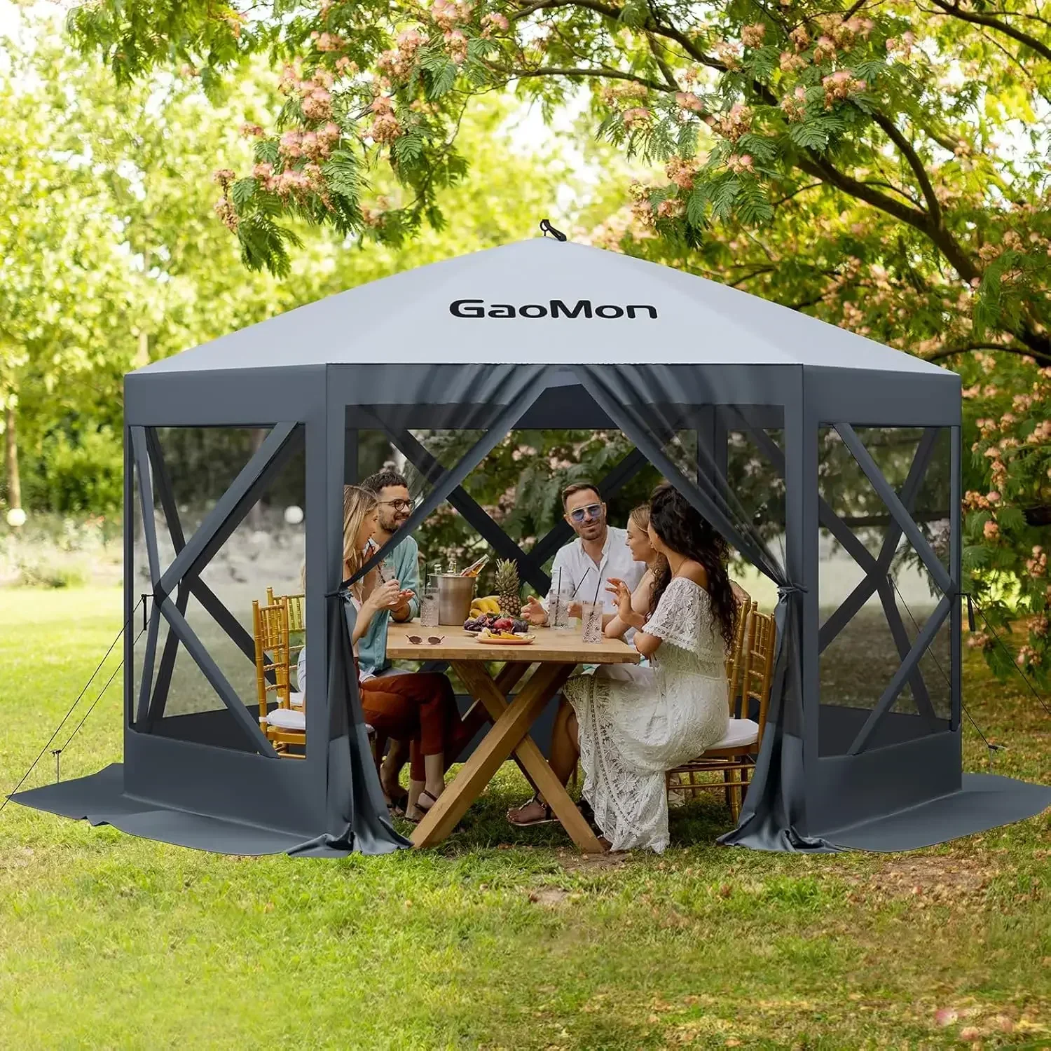 10x10ft Camping Gazebo, Portable Pop Up Canopy Outdoor Screen Tent 6 Sided with Mesh Windows and Carry Bag