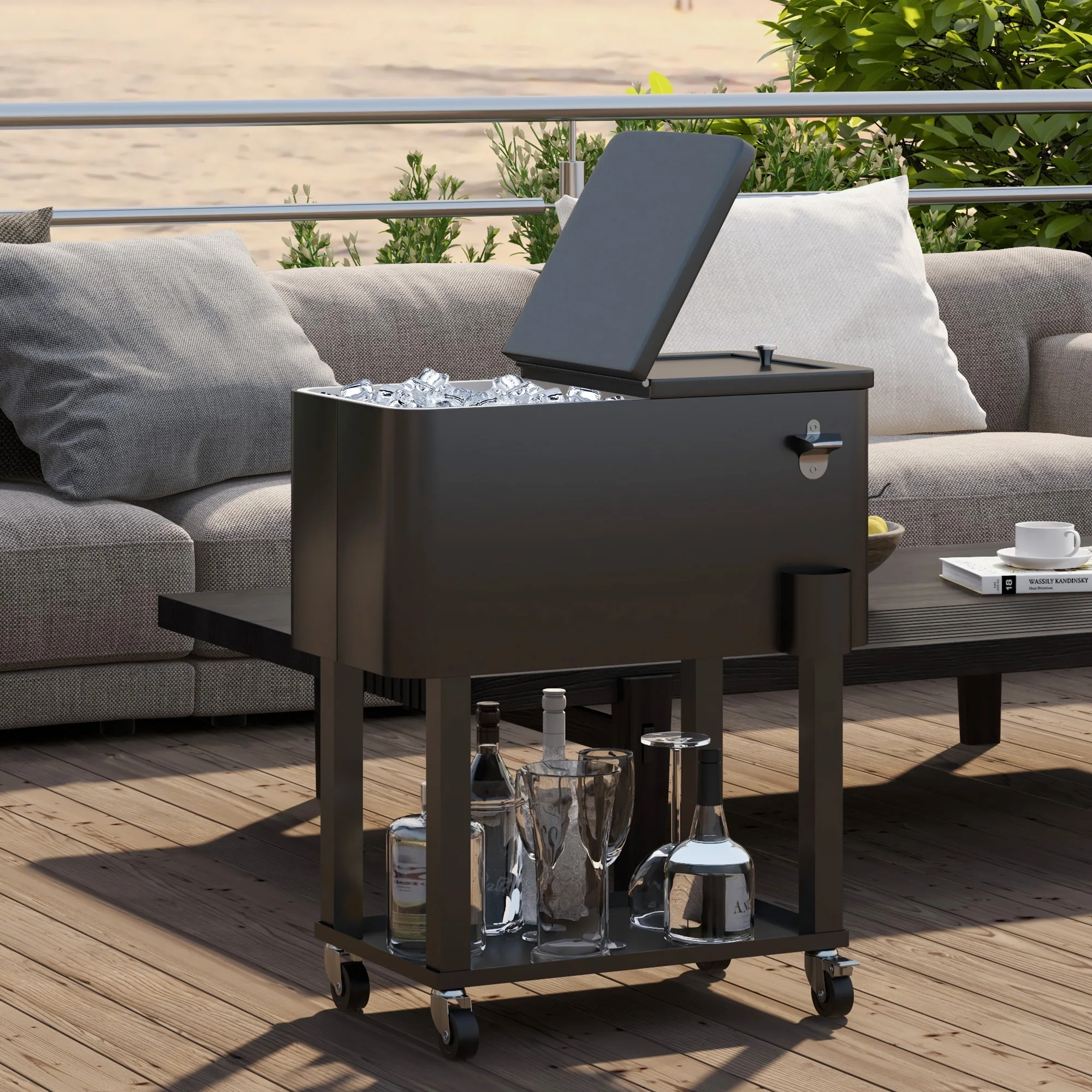 Chariot réfrigéré Outsunny 56L avec roues, ouvre-bouteille et étagère pour terrasse, fête, patio, 67x35x80 cm, noir