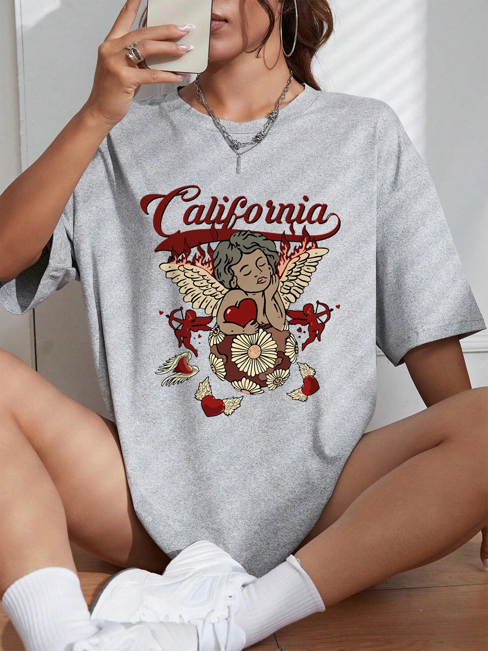 

California Love Wing Angel Boy Print T-Shirts Women Summer Cotton Tops Loose O-Neck Soft Comfortable Short Sleeve Basic Clothes