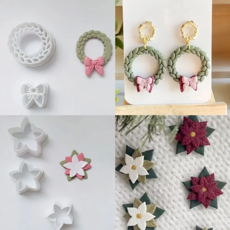 Christmas Soft Pottery Polymer Clay Cutter Mould  Bowknot Garland Embossing Cutting Mold DIY Earring Pendant Jewelry Making Tool