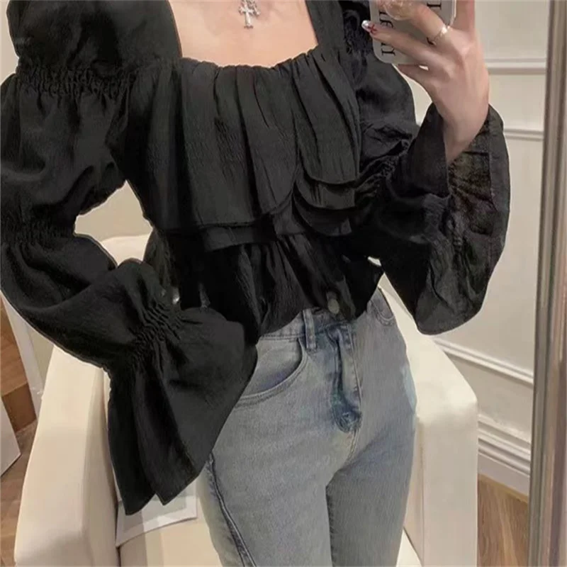 Long Flare Sleeve Blouses Women Elegant Ruffles Crop Top Sweet Korean Casual Purple Solid Fashion Ladies Fairycore All-match