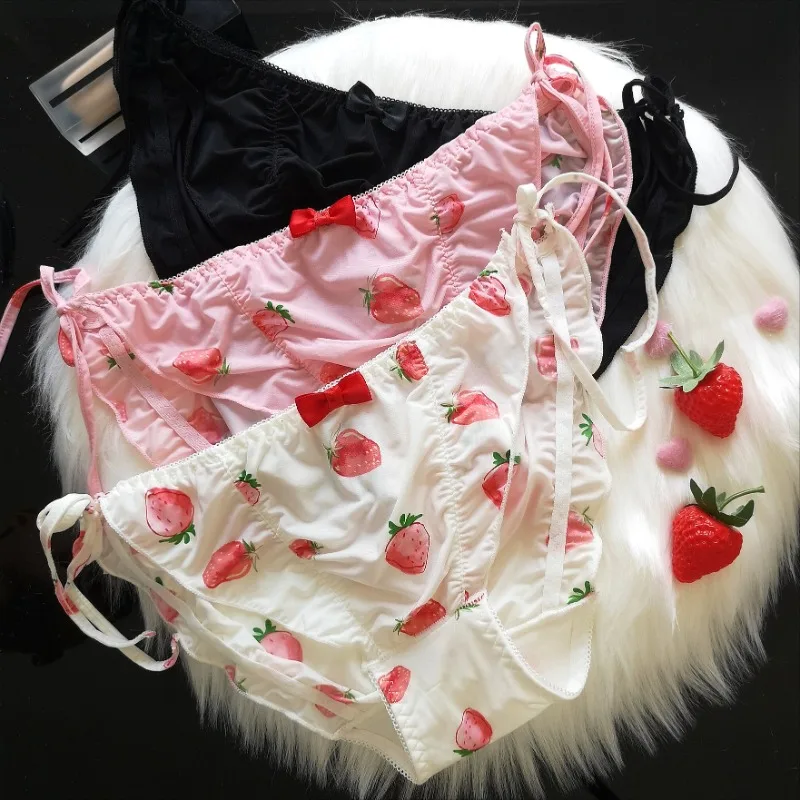 

Sweet Strawberry Print Underwear Women's Ice Silk Bandage Sexy Panties Strap Beachear Cute Girls Smooth Bikini Hombre Lingerie