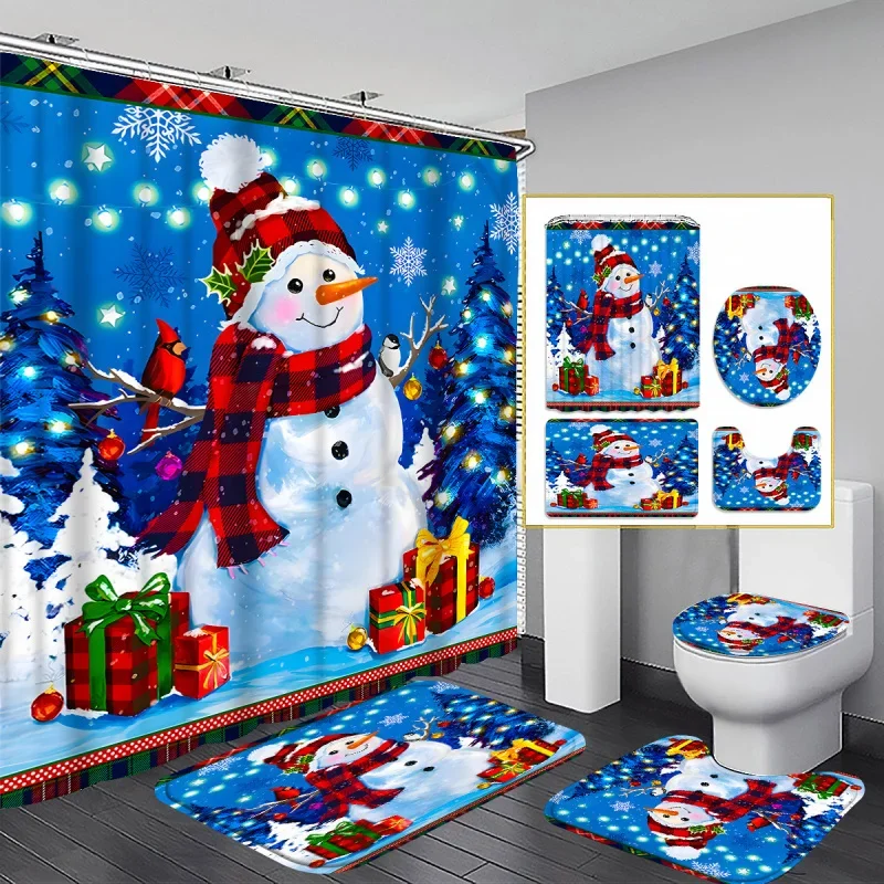 4PCs Christmas Snowflake Snowman Gift Curtain Shower Curtain Decoration, Beautiful Housewarming Gift Modern Home Decoration, Wat