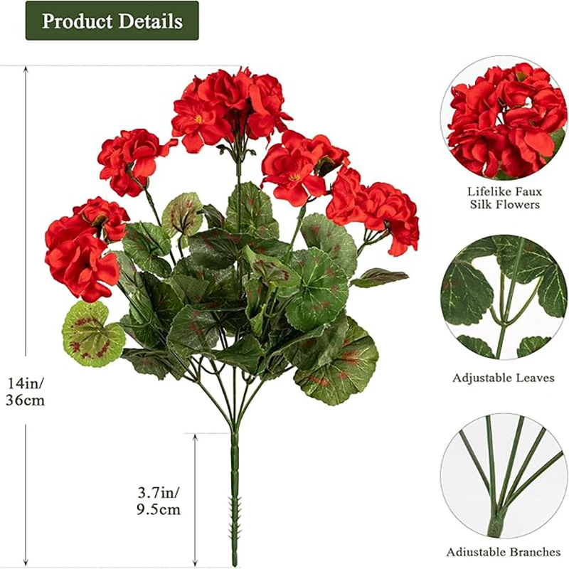 14in Artificial Geraniums Red Faux Flowers Silk Bouquet DIY Bushes for Outdoor Planters Porch Patio Home Wedding Fountain Decor