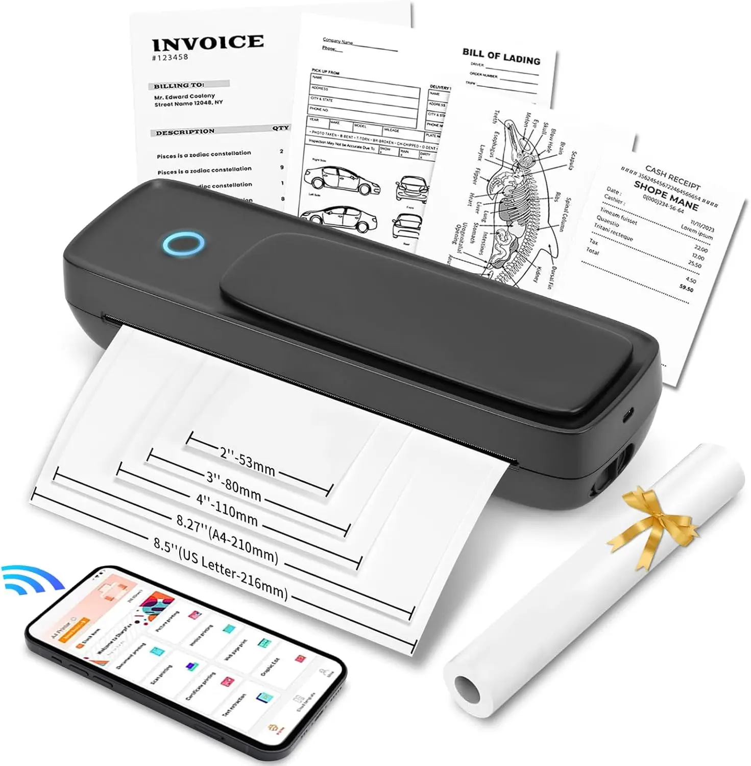 

Bluetooth Thermal Printer, Portable Inkless Printer for Travel, for Thermal Roll Paper Folded Paper, for iOS Android, 57~216mm