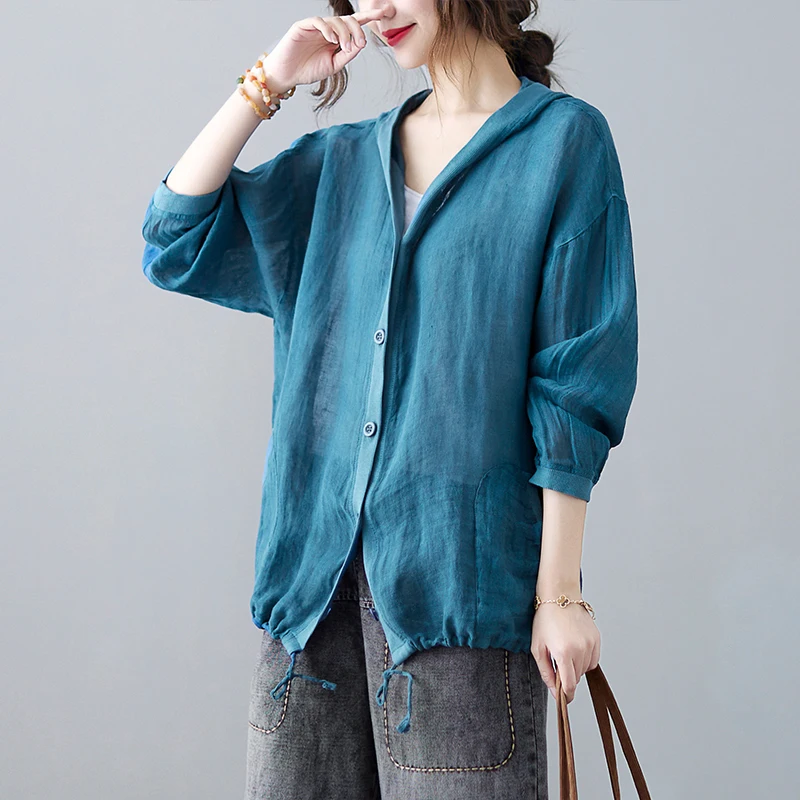 Linen Hooded Literary Cotton Jacket Women's Summer Loose Leisure Thin Sunscreen Shirt Versatile Long Sleeved Cardigan Top