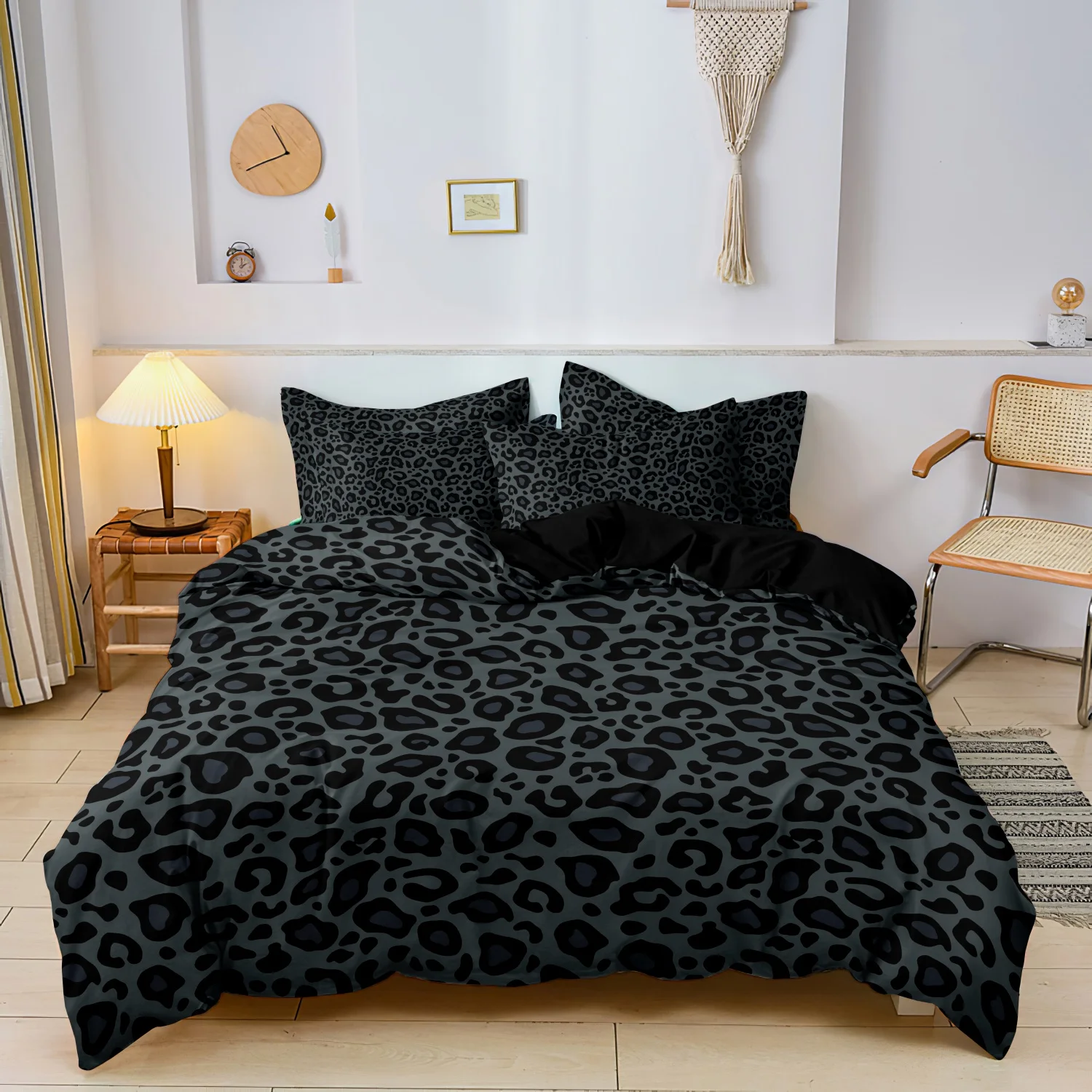 Dark Grey Black Leopard Print Bedding Set 3D Animal Pattern Duvet Cover Set Soft Breathable Home Textile Bed Linen