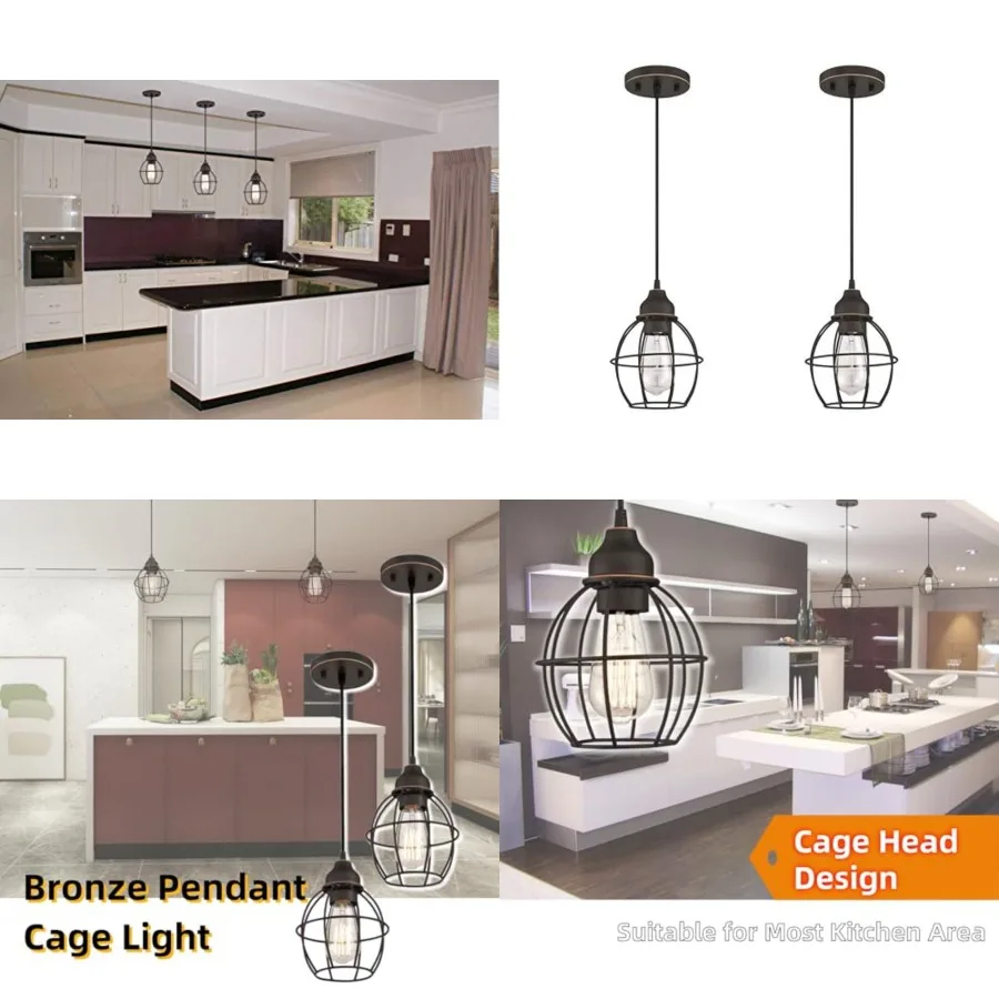 

Oil Rubbed Bronze Kitchen Island Pendant Lighting Fixture, Cage Hanging Pendant Lights with E26 Medium Base Max. 60 Watts, Bulb