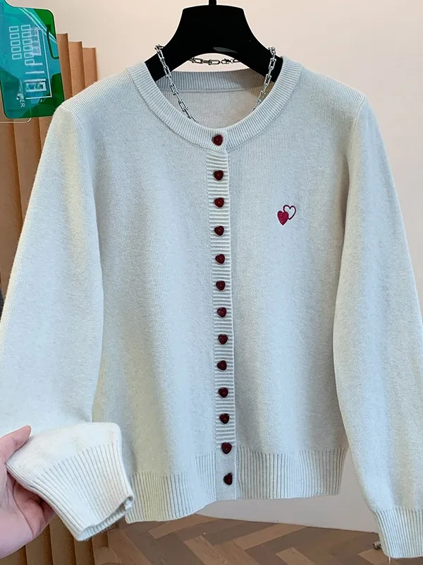 

Женский мягкий уютный вязаный кардиган с пуговицами в форме сердца, универсальный, на весну-осень, с длинными рукавами и круглым вырезом