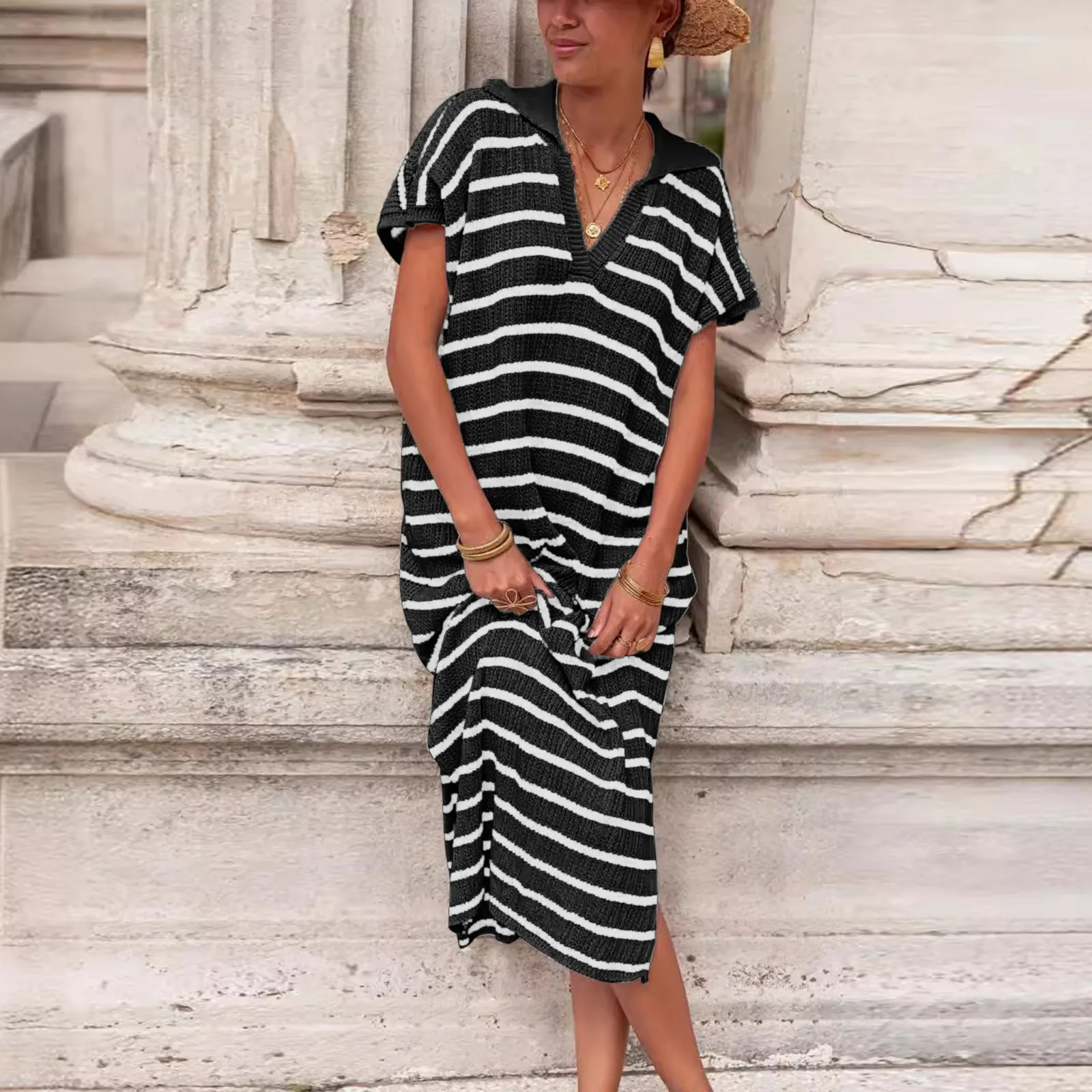 Womens Casual Long Dresses Women Fashion Casual Loose Versatile Striped Dress V Neck Low Slit Sweater Womens Summer Casual Dress