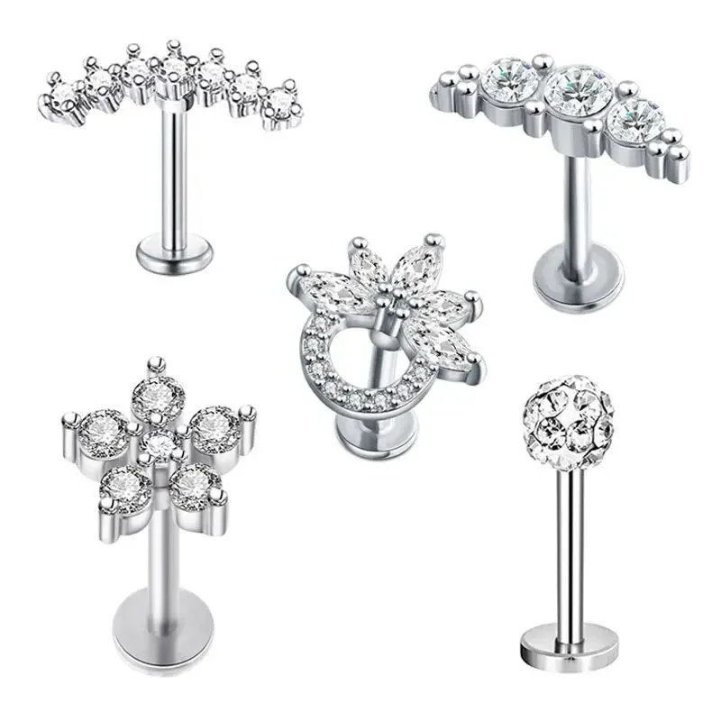 5PCS Flower Tragus Piercing Set Flat Back Cz Cartilage Stud Earring Helix Jewelry Conch Rook Stud Lot Labret Lip Piercing Bulk