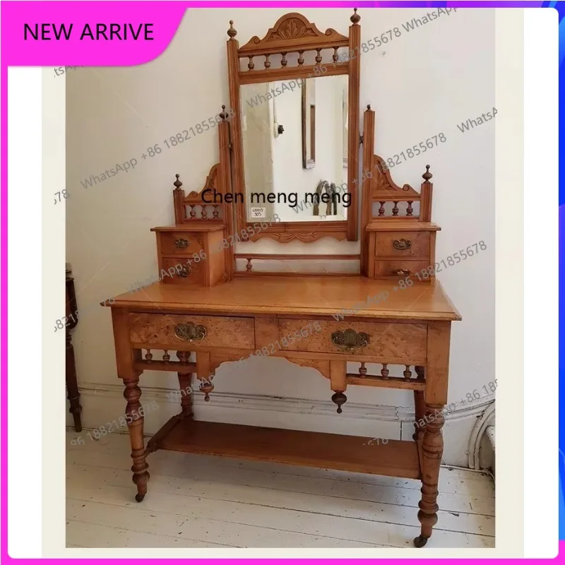 

French retro solid wood carving flower dresser dressing table multi-drawer makeup table with makeup mirror A
