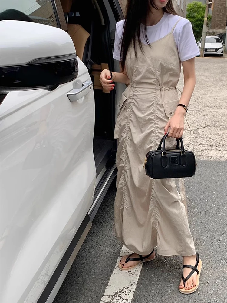 ชุดเดรสยาวทรงเอวสูงแบบจีบพลีทสไตล์วินเทจสำหรับฤดูร้อน  ช่วยกระชับสัดส่วน  สายรัดปรับได้  แฟชั่นสำหรับผู้หญิง