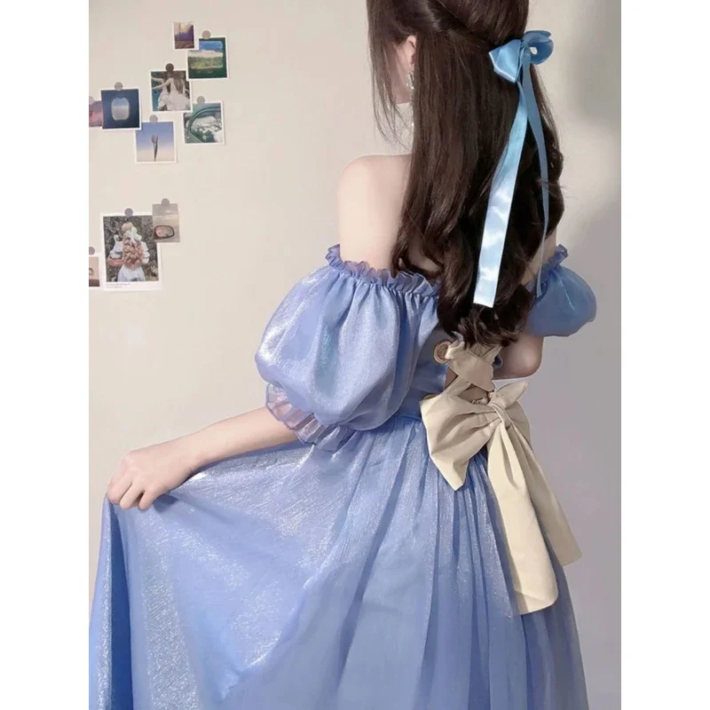 여름 세련된 블루 요정 드레스 여성 프랑스 빈티지 퍼프 슬리브 달콤한 공주 드레스 여성 우아한 저녁 파티 미디 베스 티드