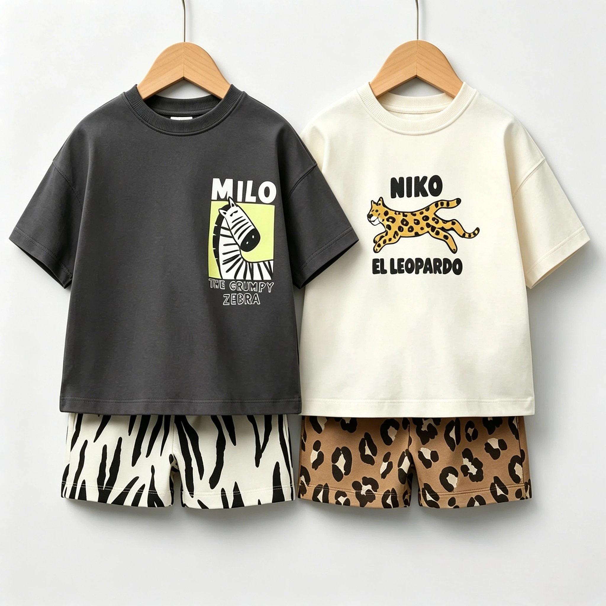 Conjunto de camiseta de manga corta y pantalones cortos para niños pequeños, conjunto informal de algodón de verano para niños y niñas, estampado de cebra y leopardo, conjuntos populares para niños pequeños