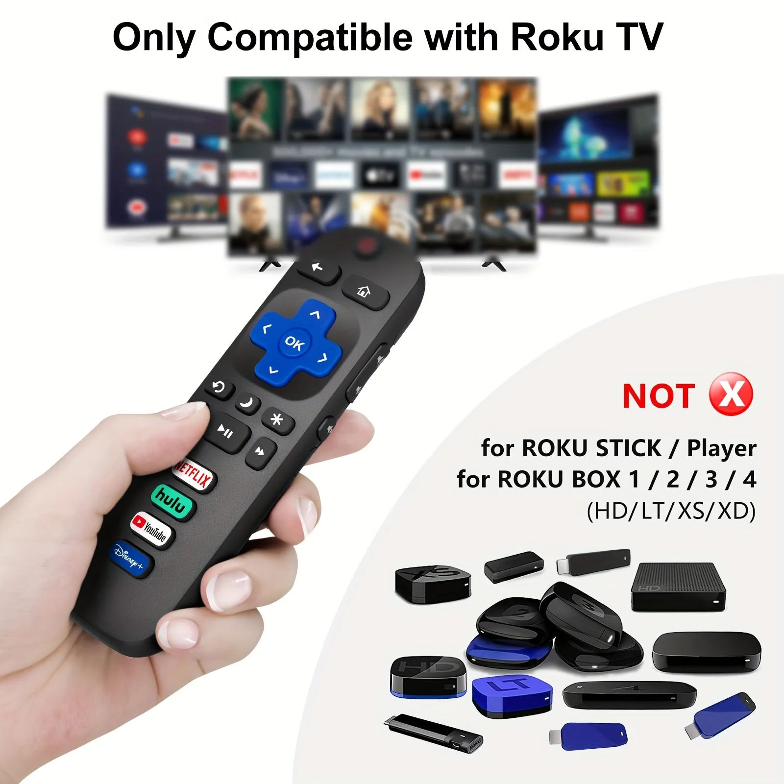 2 remote controls compatible with TCL Roku/Hisense Roku/Onn Roku/Philips Roku smart TV (not applicable to RokuStick and box)