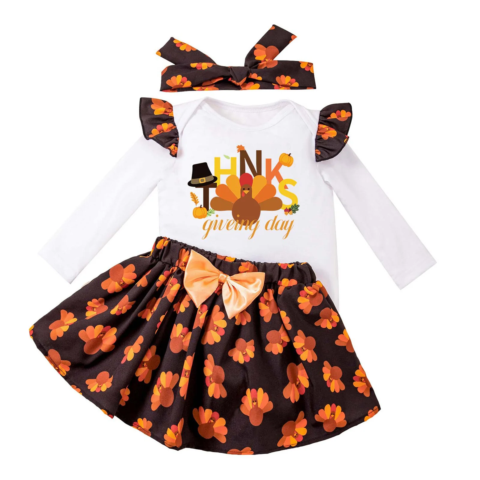 ملابس عيد الشكر للفتيات الصغيرات بأكمام طويلة مطبوعة بحروف مع تنورة توتو وعصابة رأس للأطفال الصغار ملابس حفلات أعياد الميلاد الأولى #2