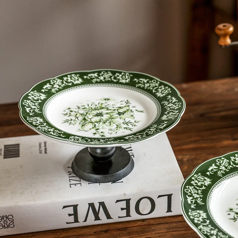 PYH Wooden High Foot Plate Ceramic Retro Fruit Snack Storage Refreshment Coffee Table Entrance Decorative Plate 4