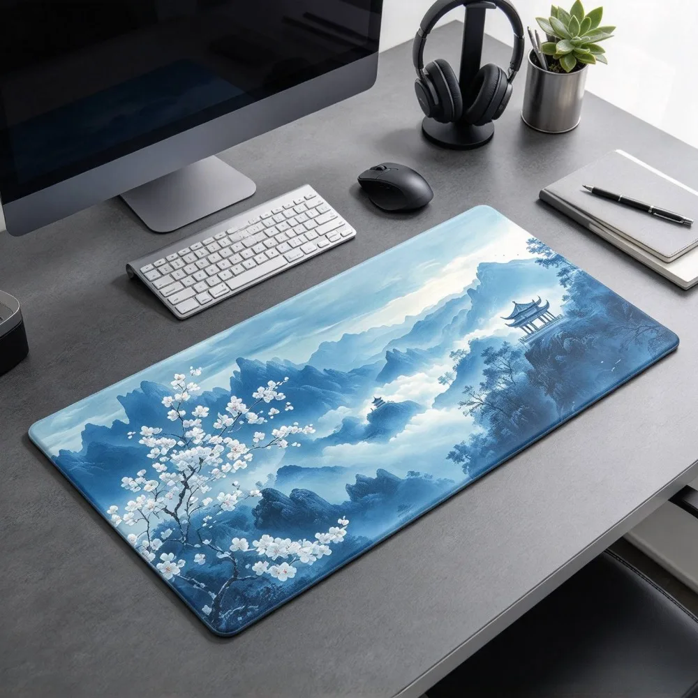 Guofeng Bluegrass Landscape Ancient Pavilion Extra Large Mouse Pad, made of micro-woven fabric and natural rubber keyboard pad