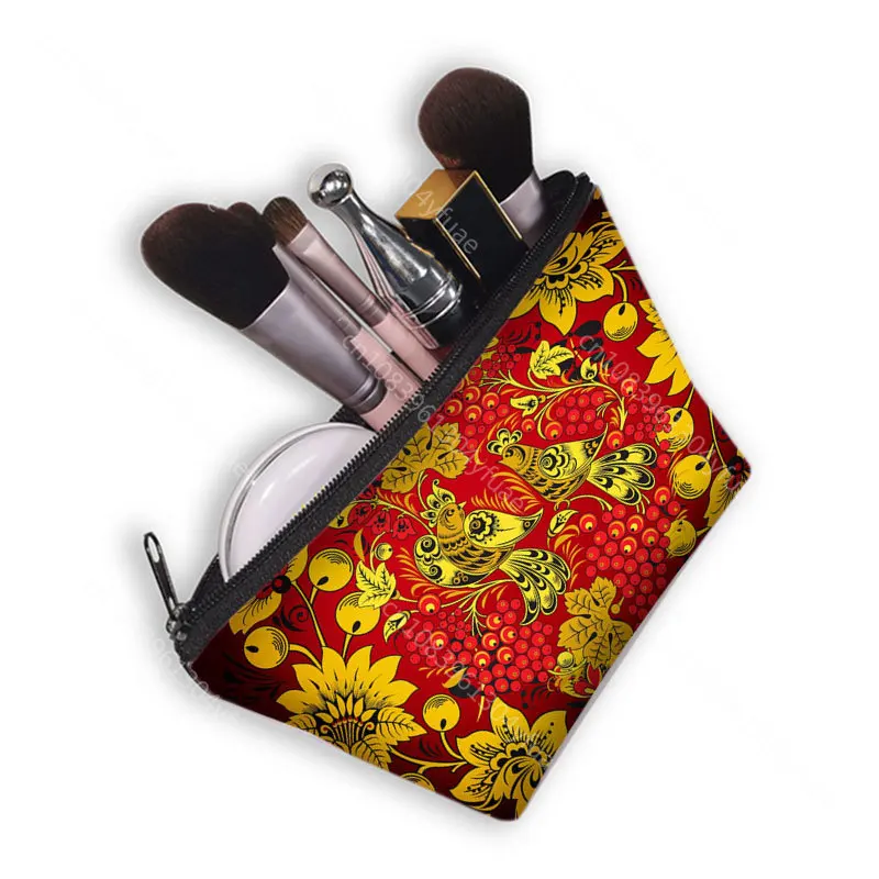 African Woman Print Cosmetic Bag  Ladies Makeup Bags Khokhloma Art Girls Cosmetic Case Portable Lipstick Storage Bags for Travel