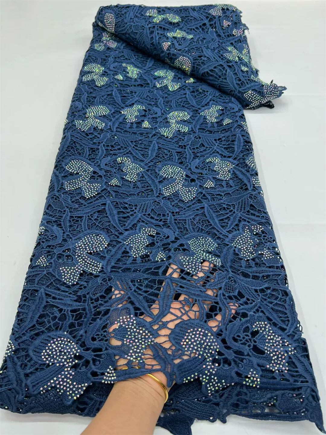 Luxury Colorful Nigerian Water Soluble Lace Fabric with Stone African Guipure Cord Lace Fabric for Clothing And Home Decor