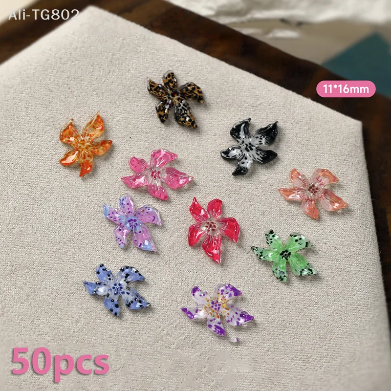 50pcs Ice Transparent 3D Resin Nail Art Charms Lily Flower Decorations DIY Jewelry Accessories for Manicure