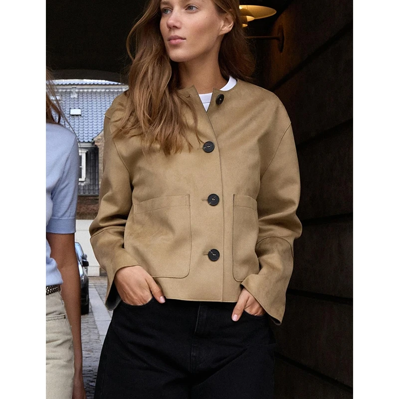 レディース 春新作 ベルベット風 ラウンドネック ロング丈 ジャケット コート ポリエステル繊維 ストレート チューブ 通勤 スタイリッシュ シングルピース