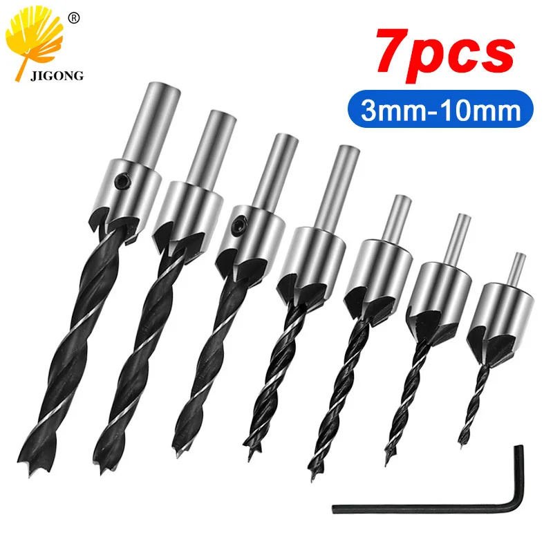 3-10Mm seven-piece set of three-pointed woodworking countersunk drill, high-speed steel reaming drill, woodworking chamfer guide