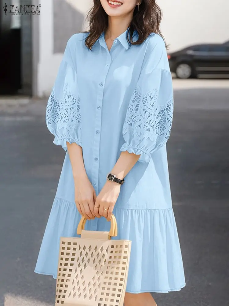 2026 ZANZEA Estate Del Merletto Crochet Vestito Estivo Delle Donne Alla Moda Camicia Ricamata Vestito Manica 3/4 Mini Vestito di Lavoro D'ufficio Abiti Robe