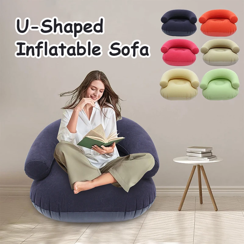 Lazy U-Shaped Inflatable Sofa Chairs Flocking Pvc Lounger Seat Outdoor Camping Living Room Portable Folding Air Single Sofa