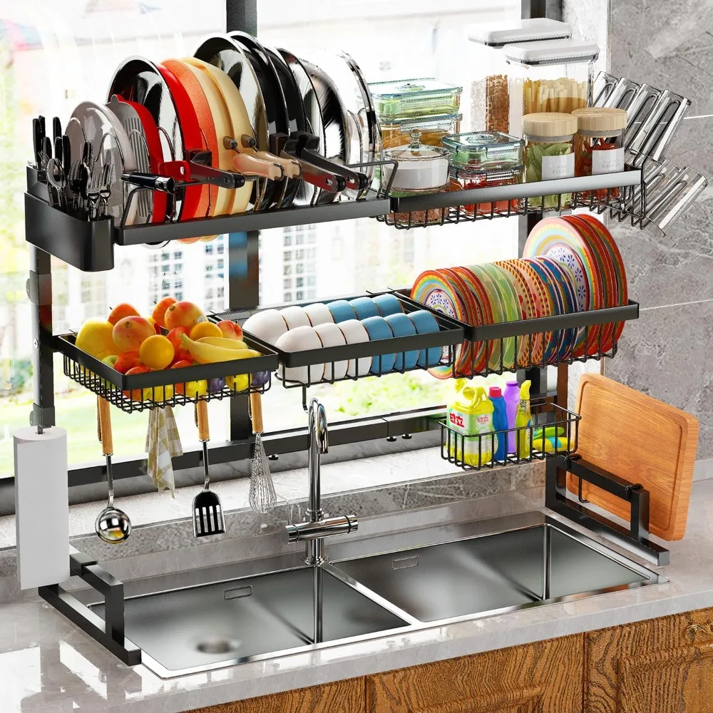 

Over Sink Dish Drying Rack (Expandable Height/Length) (31-39.5L x 12W x 34-38H inches) Snap-On Design Large