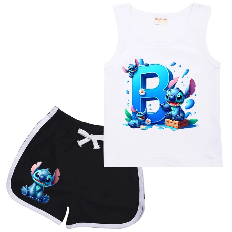 New Summer Children Suit Stitch Letters A B C D Sports Clothes Casual Sleeveless Girl Boy Vest & Shorts 2Pcs Sets Kids Wear