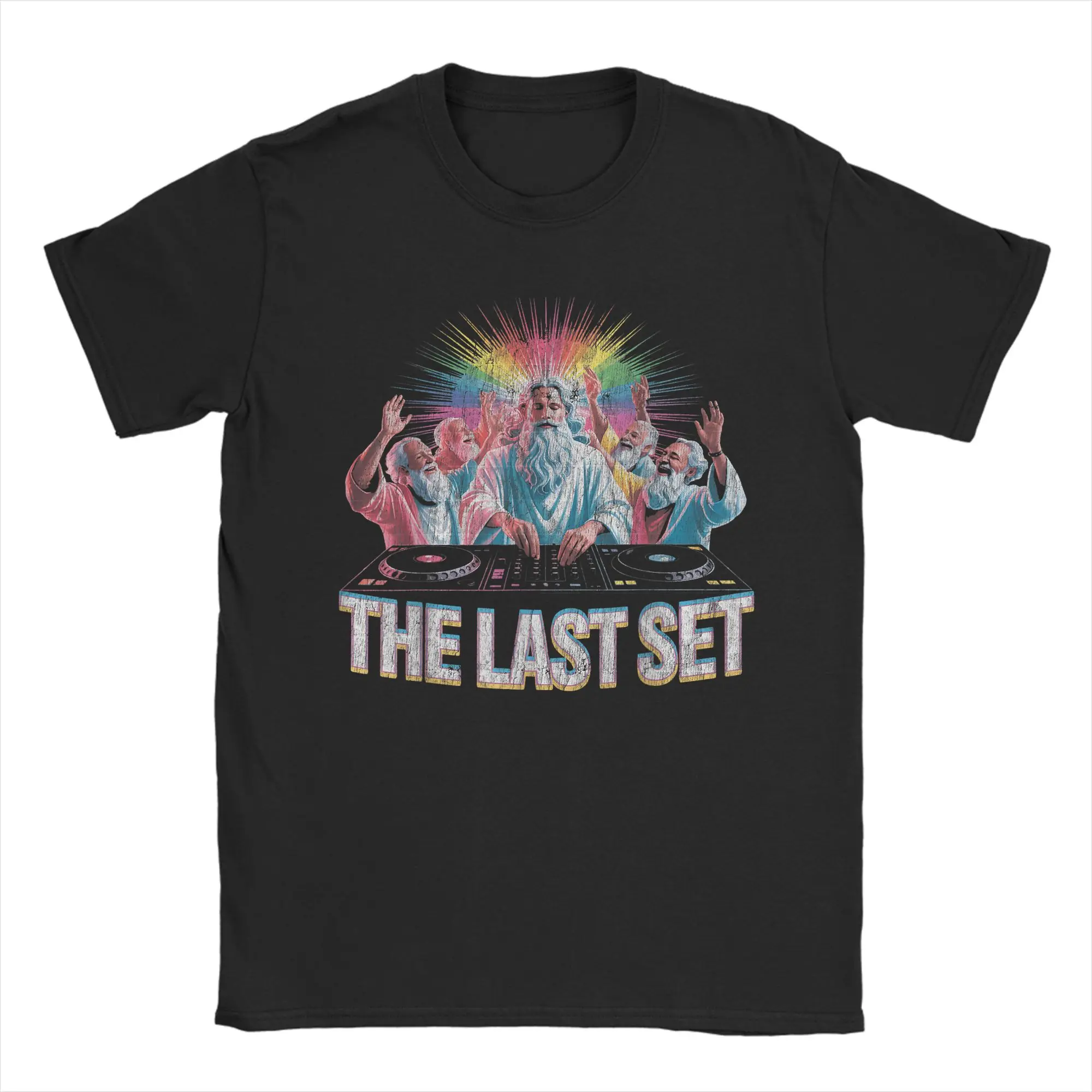 Jesus Last Set Glitchy DJ EDM Techno Rave T Shirt Men Funny T-Shirts Round Collar  Tee Shirt Short Sleeve Clothing Gift Idea