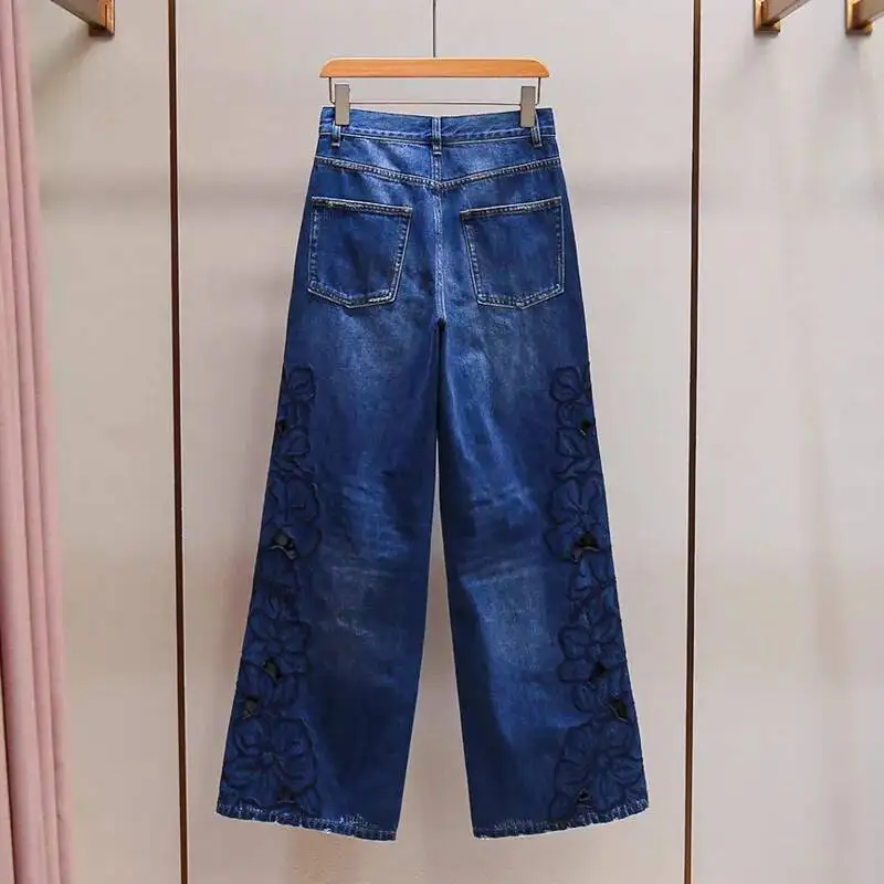 ANJY Autumn New Women High-End Fashion Floral Embroidery Hollow Out Temperament Chic Ins Jeans Trend Tide Versatile Pants A10638