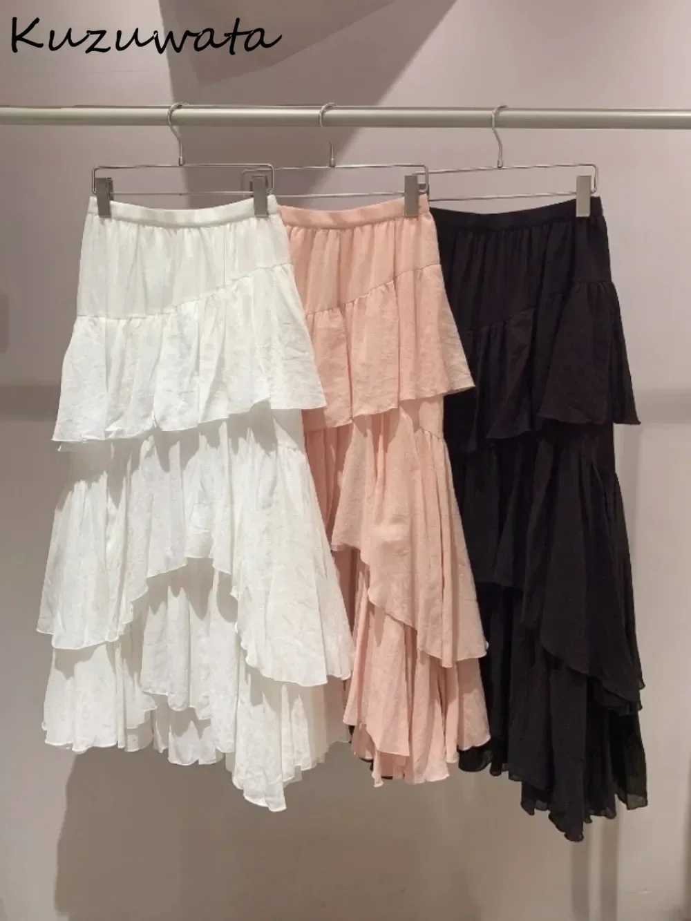 Kuzuwata Autumn New Sweet A-line High Waist Skirt Ruffles Mid-length Stack Irregular Mujer Faldas Japan All-match Chiffon Faldas