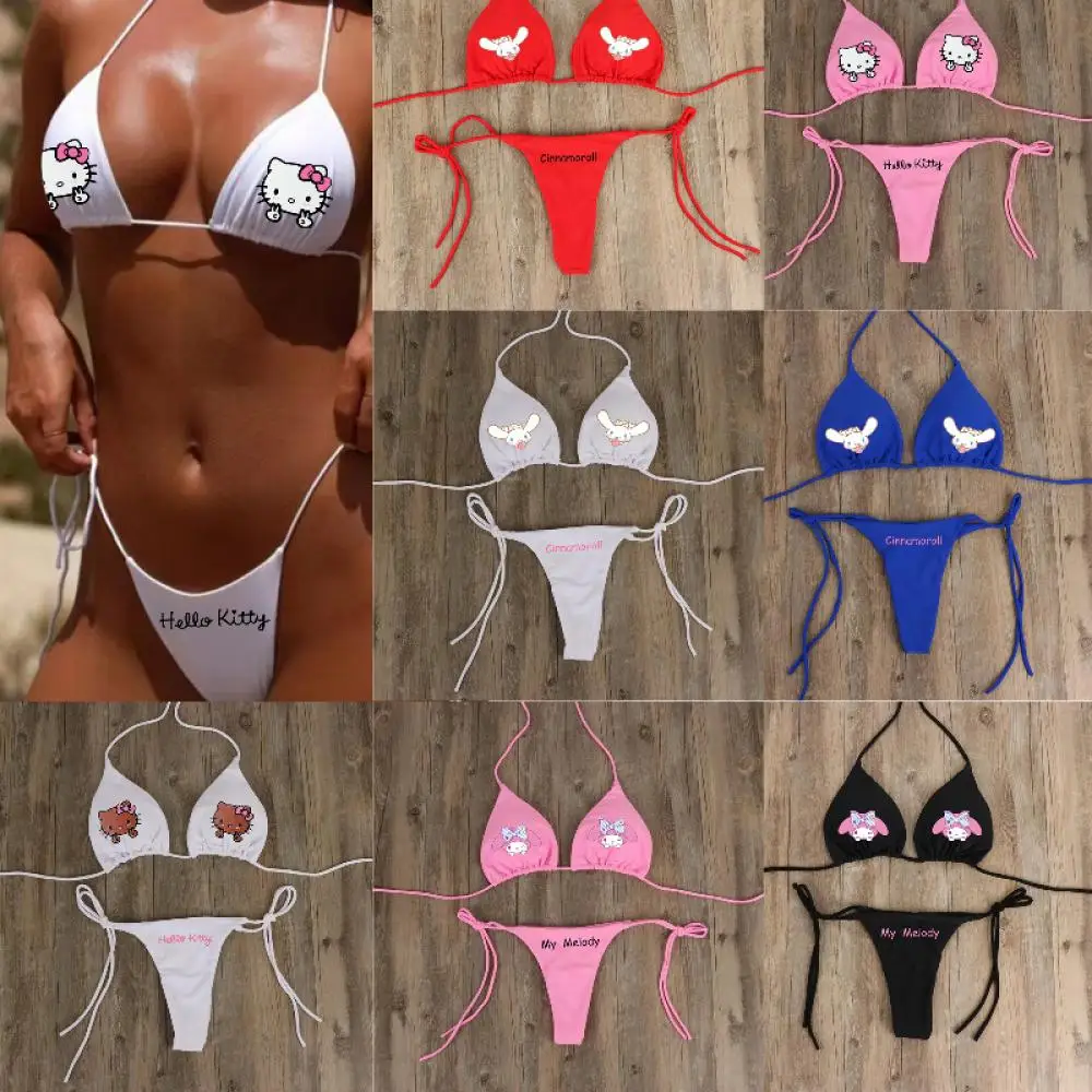 

2Pcs Hello Kitty Grils Bikini Set Sanrio Neck Halter Lace Bikini Kuromi Sexy Swimsuit Women Strap Adjustable Multicolor Swimsuit