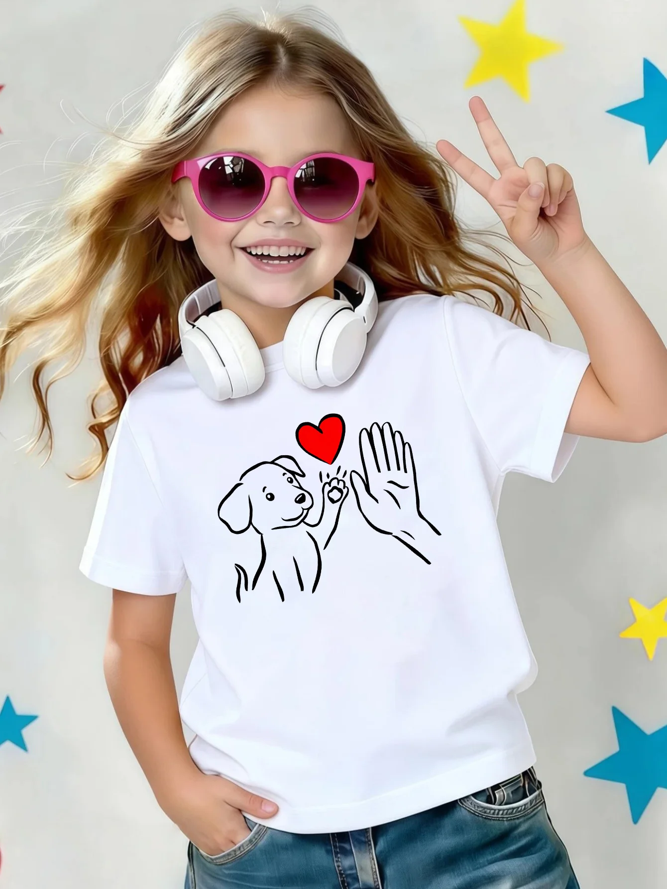 Line Drawing Puppy High Five Red Heart Print Kid T Shirt Boy Girls Cotton Short Sleeve Parent Child Warm Lovely Casual Basic Tee