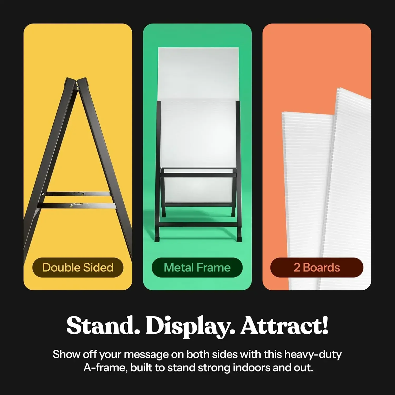 Outdoor A-Frame Sidewalk Sign 24x36 Inch Sandwich Board, Black Coated Steel Metal Double-Sided, Heavy Duty Slide-in Folding Fram