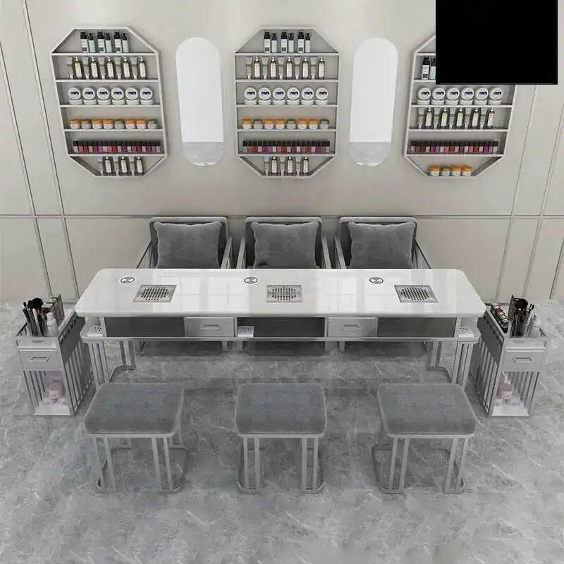 

Light Luxury Silver Nail Tables Professional Salon Furniture for Beauty Salon Manicure Table and Chair Set with Vacuum Cleaner