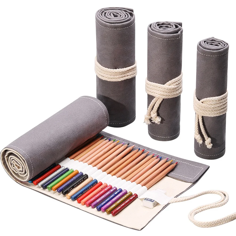 

1Pcs Canvas Pencil Roller Pencil Bag Large Capacity Rolling Wrap Buckle Portable Art Pen Storage Organizer Grey