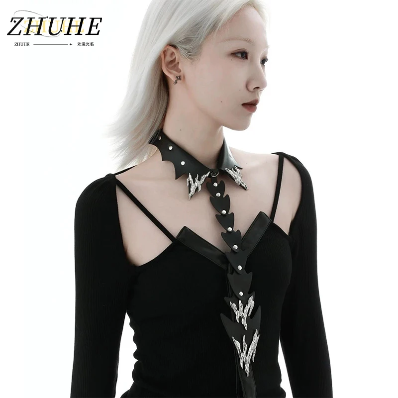 Punk Rock Long Drop Leather Choker, Textured Flame Detail Jewelry Accessories for Men Women, Adjustable Buckle Neck Collar for H