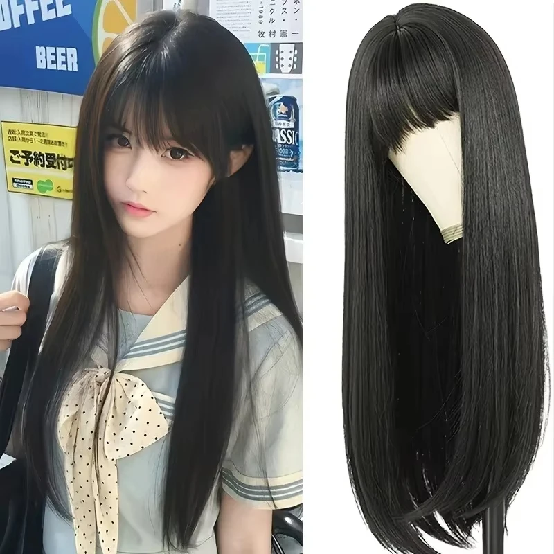 Peluca sintética negra con cabello largo liso - accesorio para fiesta de Halloween, cosplay y uso diario - con banda de alta temperatura