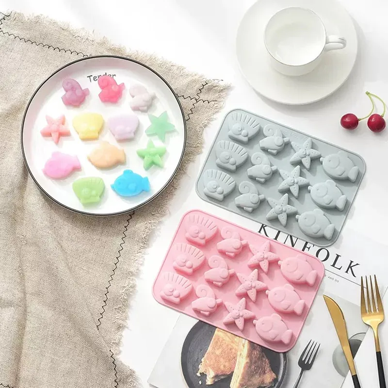 12 Hole Starfish Fish Cake Mold DIY Shell-shaped Chocolate Pastry Silicone Mold Baking Cake Decoration Accessories