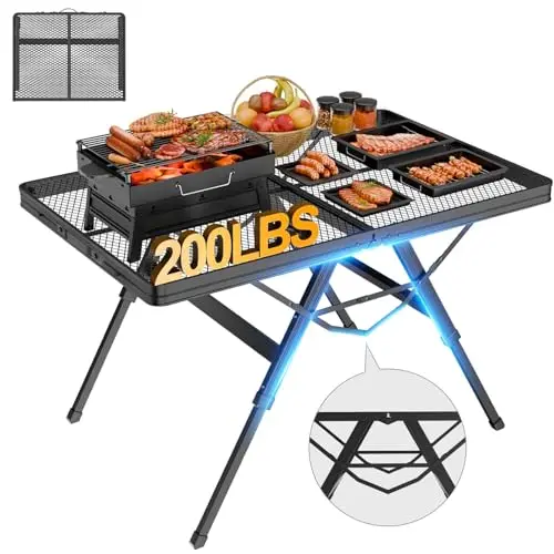 

3-Foot Mesh Folding BBQ Station With 3-Height Legs, Reinforced X-Frame, Integrated Grill And 200LB Load Capacity